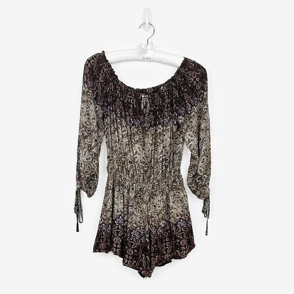 Free People So Divine Romper Medium Brown Off Shoulder Boho Festival Summer - Picture 1 of 12